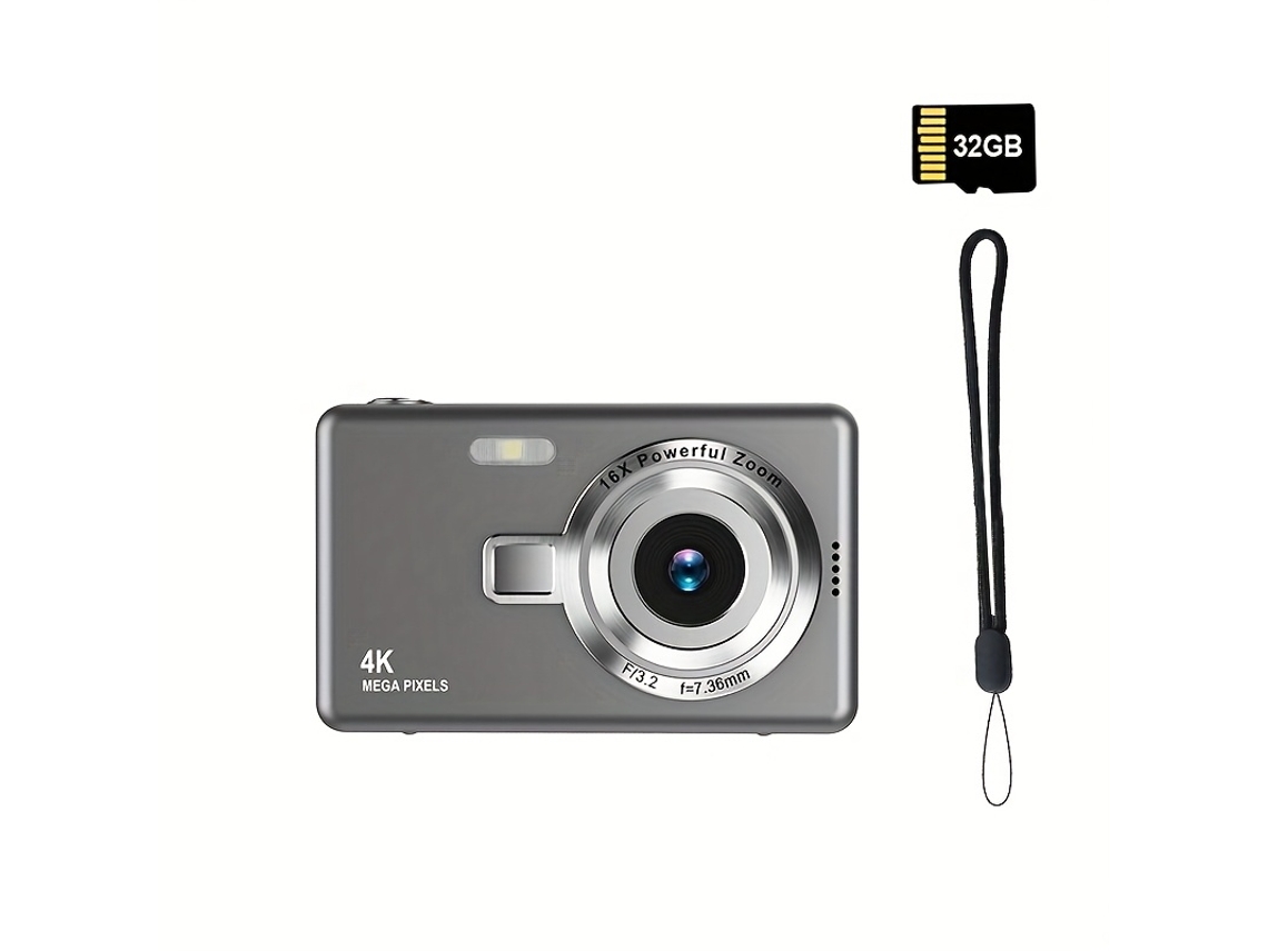 Cámara digital portátil 4k HD con enfoque automático, tarjeta de memoria de 32 g y luz de relleno Cuich (gris)