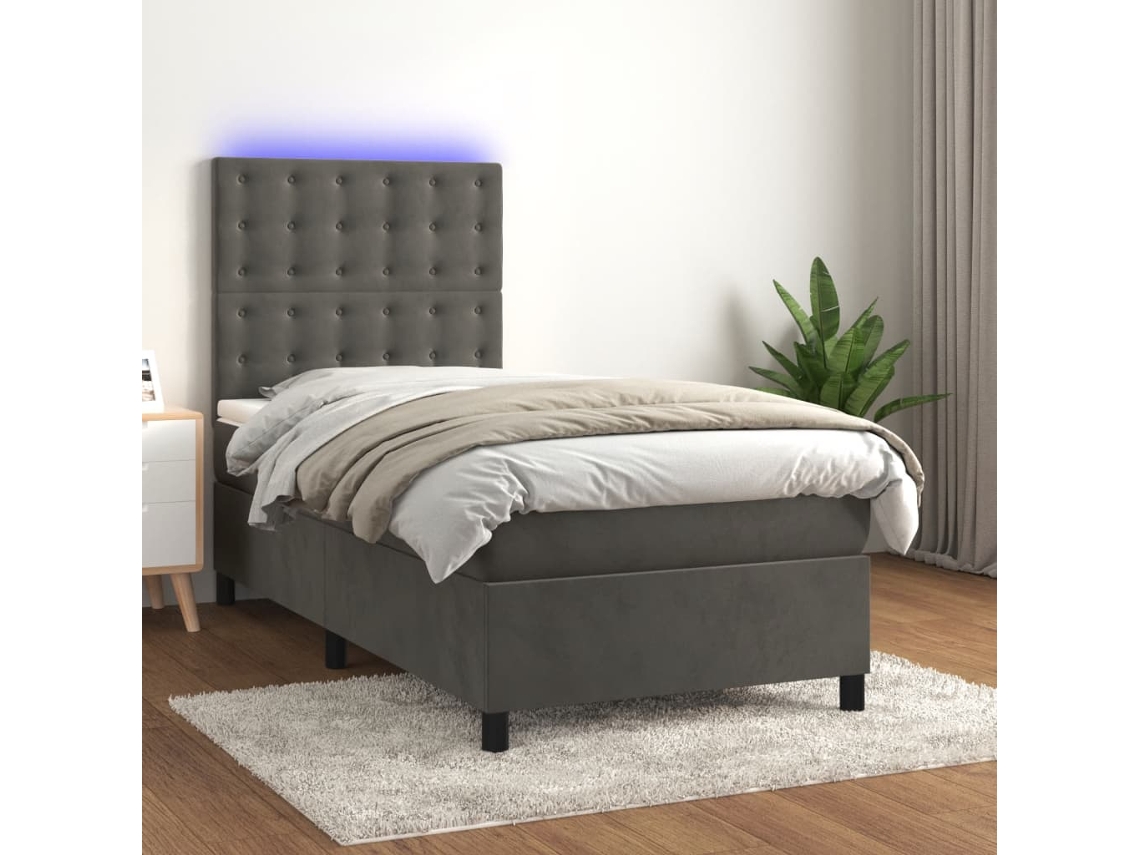 Cama Box Spring Colchón Y Led Terciopelo Gris Oscuro 90x200 Cm