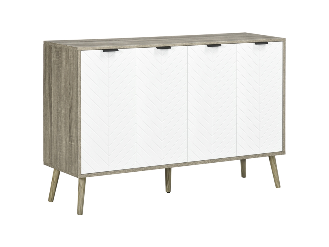 Aparador Bajo Con 2 Armarios, 4 Puertas, Estampado En Espiga, Estantes Ajustables, 120 X 35 X 77,4 Cm, Blanco Y Gris.