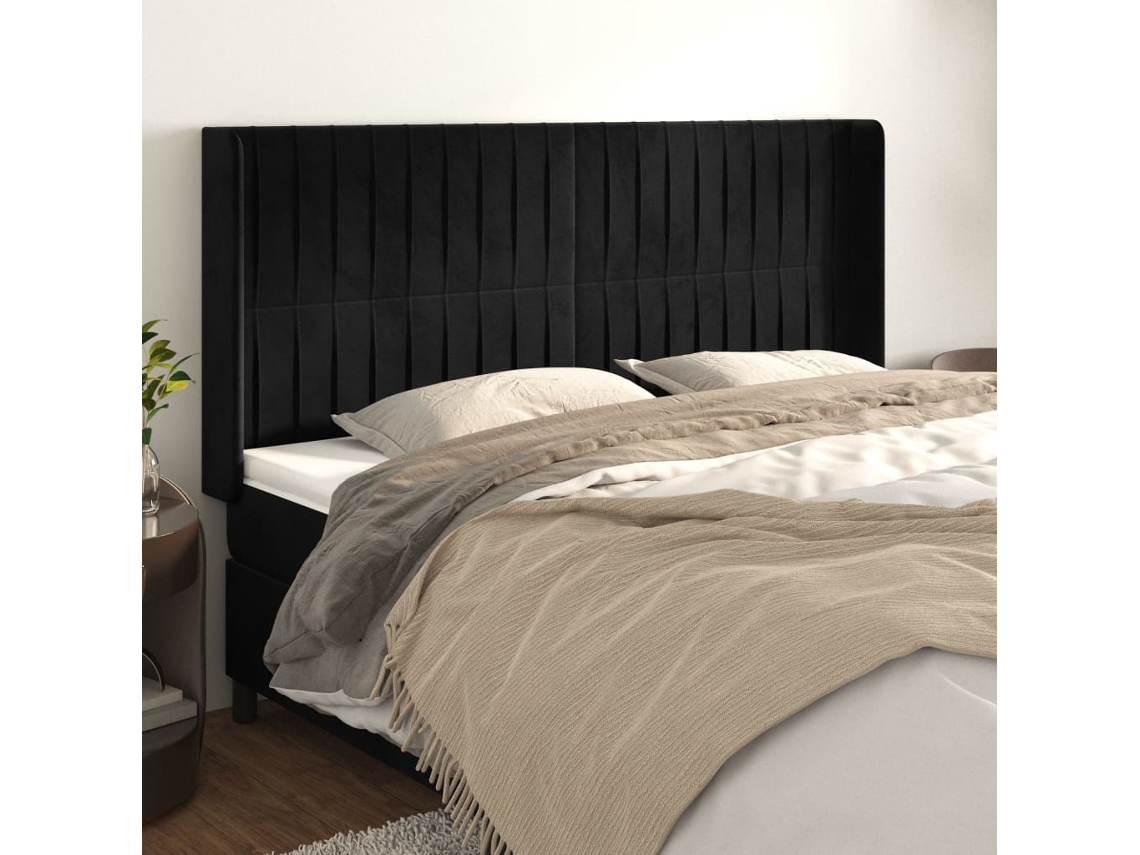 Cabecero Con Orejas De Terciopelo Negro 163x16x118/128 Cm