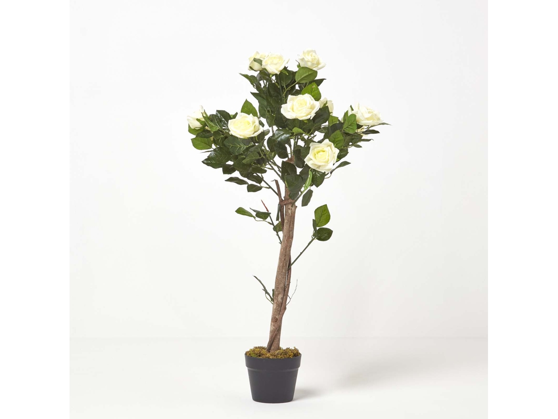 Rosal artificial Homescapes en maceta blanca con hojas verdes realistas y un solo tronco, 90 cm