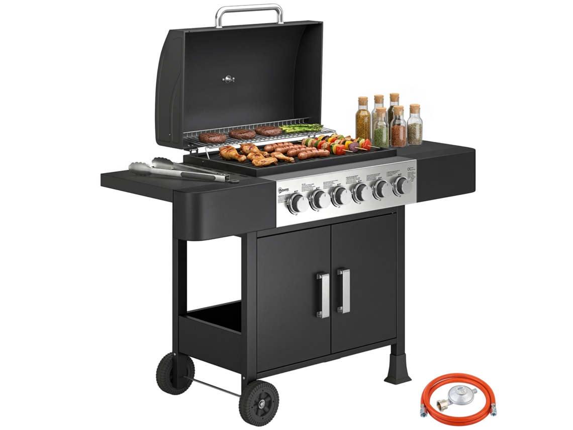 Parrilla de gas con 6 quemadores, termómetro, parrilla, mesas auxiliares, armario, ruedas, 135x51x101cm