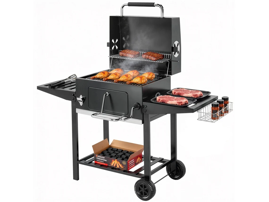 Barbacoa De Carbón Con Ruedas, Parrilla Ajustable Y Estantes Plegables, Fabricada Acero Pp, 133,5 X 65 X 110 Cm, Color Negro.