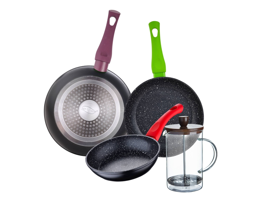 Juego de 3 sartenes Bergner Jolie Ø18ø22ø26cm con cafetera de émbolo