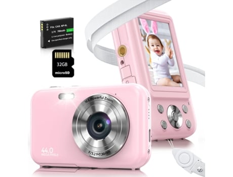 Cámara Digital para Niños Compacta TURMIN Dc406 FDH 44MP con Zoom y Enfoque Automático 16X, pantalla de 2,4 pulgadas, 32G, rosa.