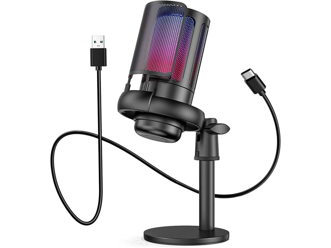 Micrófono USB-C con protector antiviento de espuma para grabaciones y conferencias.