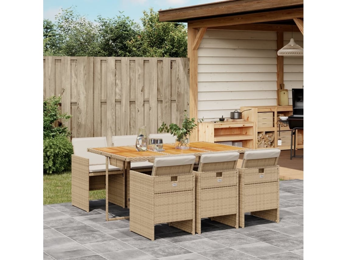 Juego de comedor de jardín de 7 piezas con cojines de mimbre beige de DKD Home Decor