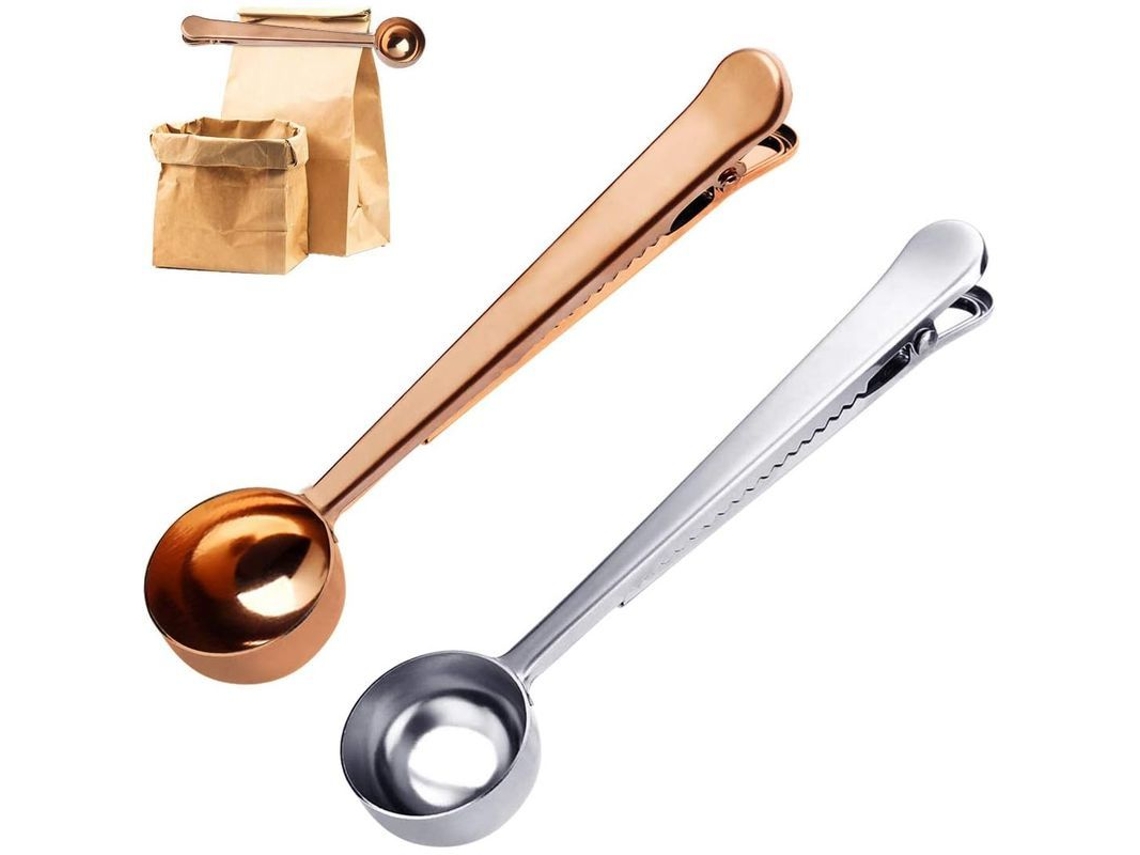 2026-2 Cucharadas De Café Con Clip Sellador De Bolsas (plata + Oro Rosa) 15ml Acero Inoxidable Para Café Té Leche Harina Especias