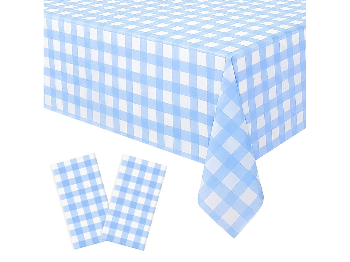 JILLIOPER Mantel rectangular desechable de plástico cuadros azul claro, ideal para picnic al aire libre, cocinas, vacaciones y fiestas de cumpleaños