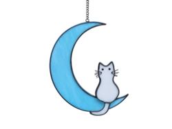 Mini Adorno De Gato Negro Colgando De Una Luna Blanca Con Elegante Cristal Para Ventana.