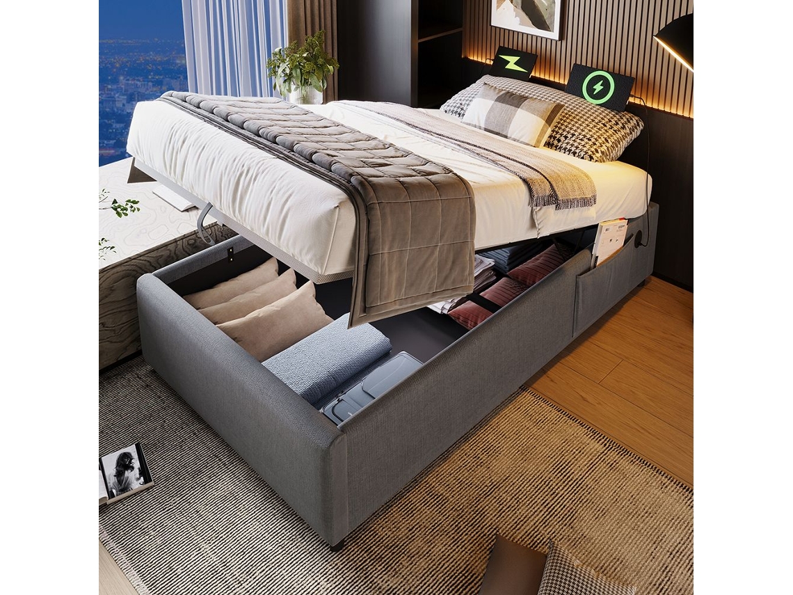 Estructura de cama tapizada USB-C en gris lino GUTENT (90 x 190 cm)