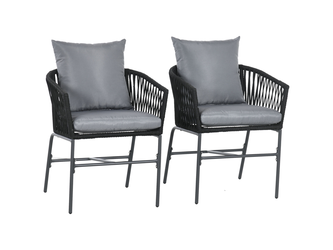 Juego de 2 sillas de jardín con cojines, capacidad de carga de 120 kg, asiento curvado, estructura de metal, 57 x 60 x 71 cm.