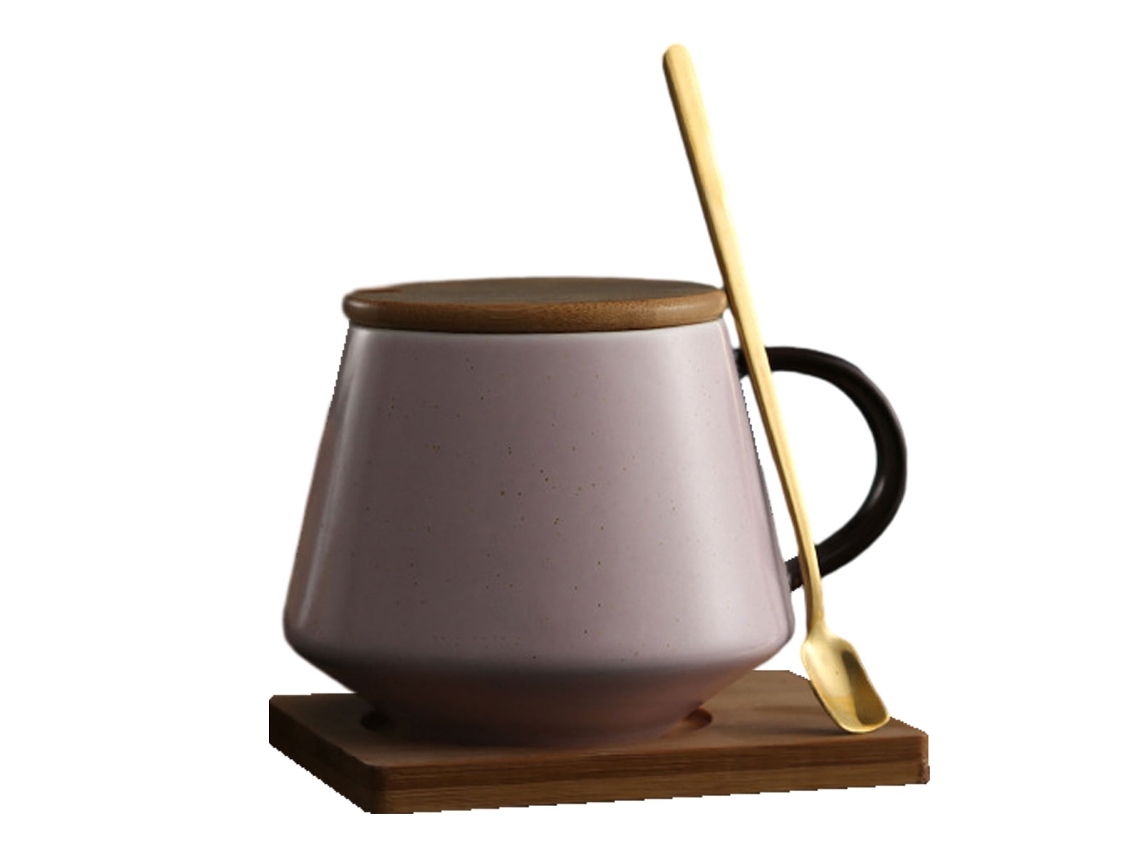 Taza de cerámica de 450ml con tapa y cuchara para oficina y hogar. TRUYUETY