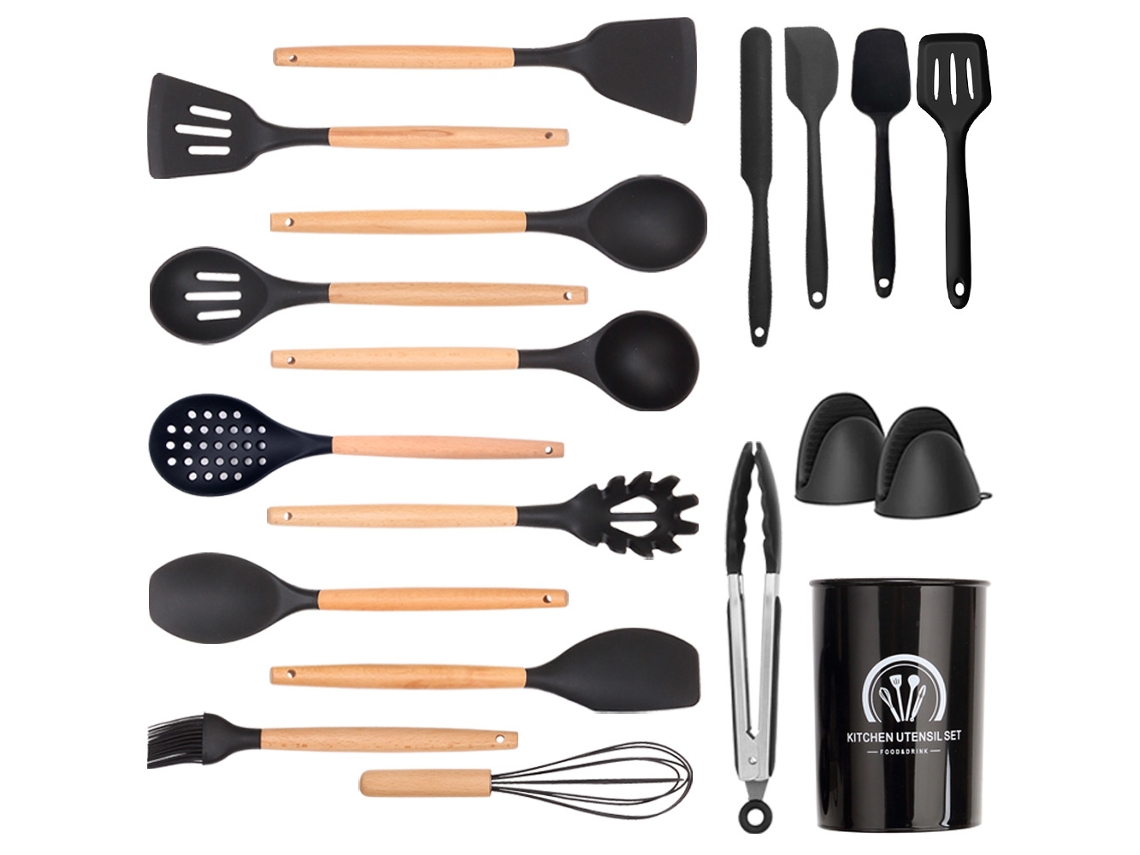 Conjunto de Utensílios de Cozinha 19 Peças Conjunto de Panelas Resistentes Ao Calor de Silicone com Cabo de Madeira-Preto GERTIZ