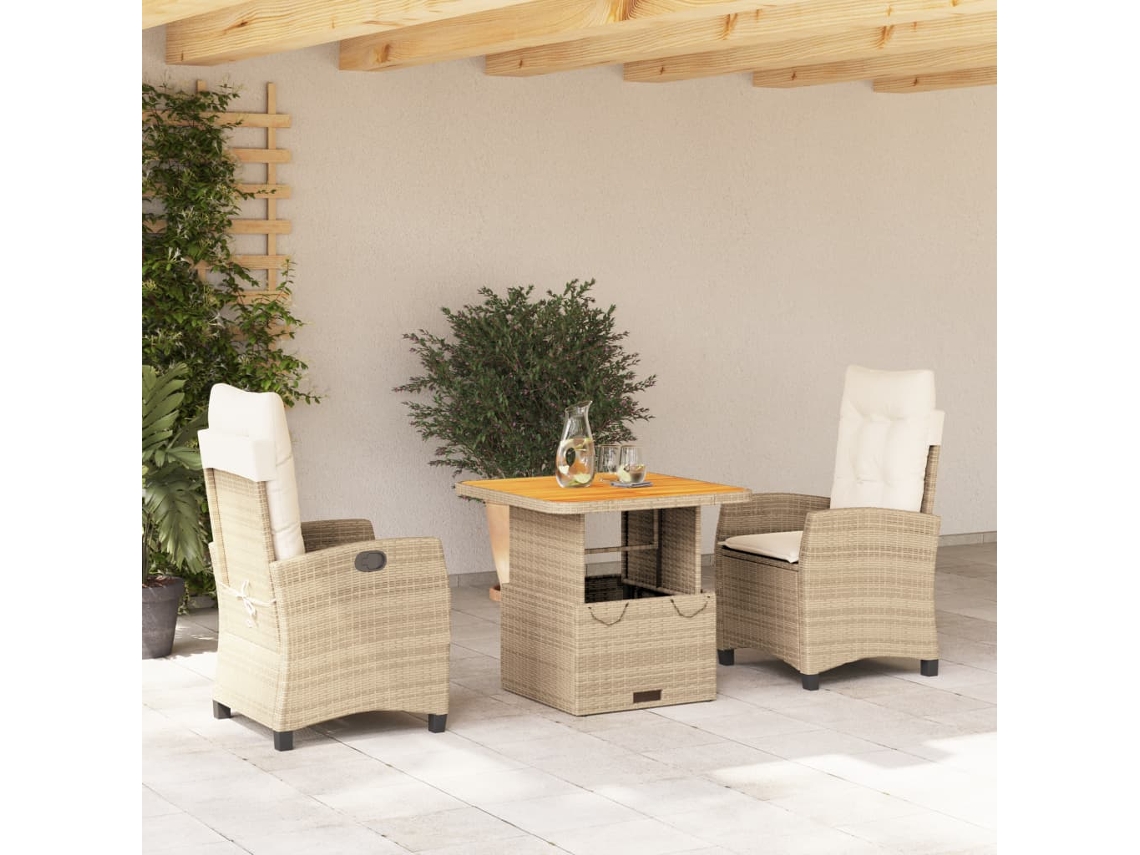 Juego de comedor de jardín de 3 piezas con cojines, mimbre sintético beige, Dkd Home Decor