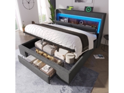 Cama tapizada de 180x200 cm con espacio de almacenamiento hidráulico y cabecero con compartimento de almacenamiento, iluminación LED y puertos USB. ZKAKA
