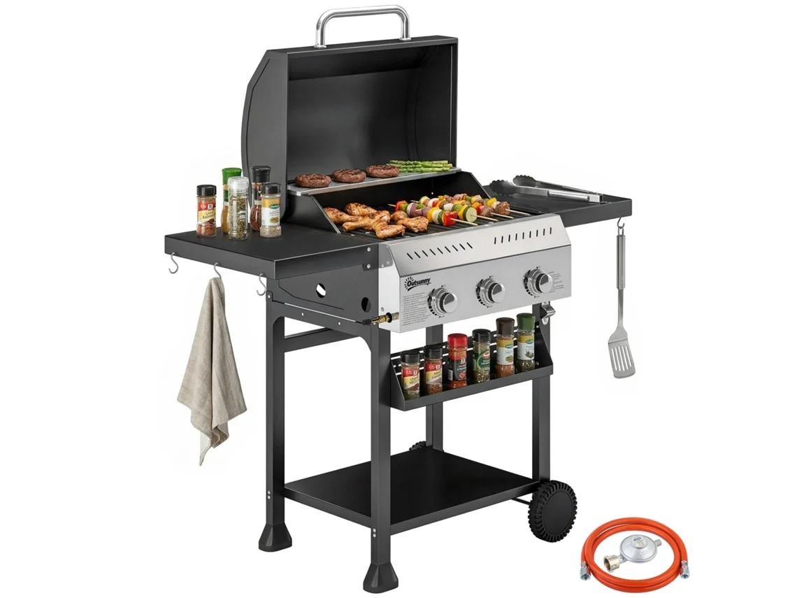 Parrilla de gas de 9 kW con 3 quemadores, carrito de acero inoxidable, mesa plegable y especiero.