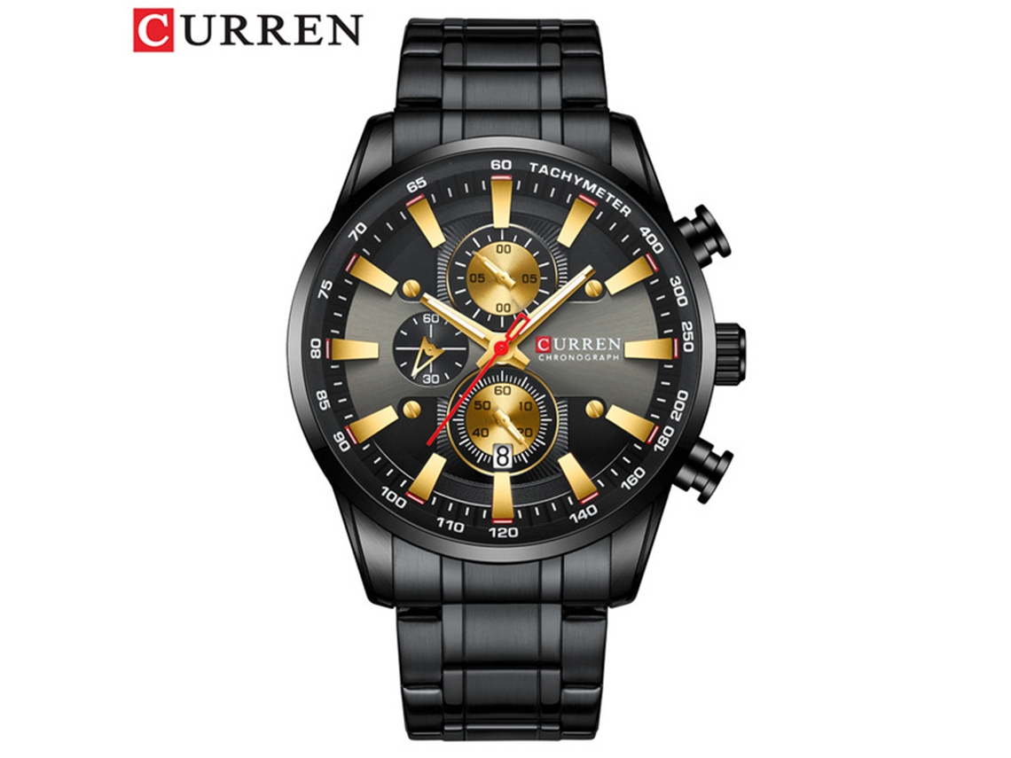 Reloj De Pulsera Moderno Para Hombre (negro Y Dorado) Resistente Al Agua, Con Seis Manecillas Y Correa De Acero Inoxidable Multifuncional.