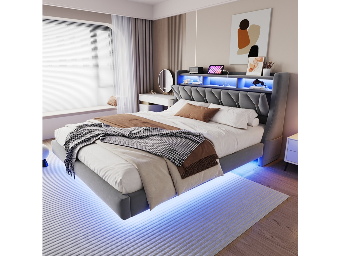 Cama De Terciopelo De 180x200 Con Cabecero Plegable, Toma De Corriente Led Y Sistema De Suspensión.