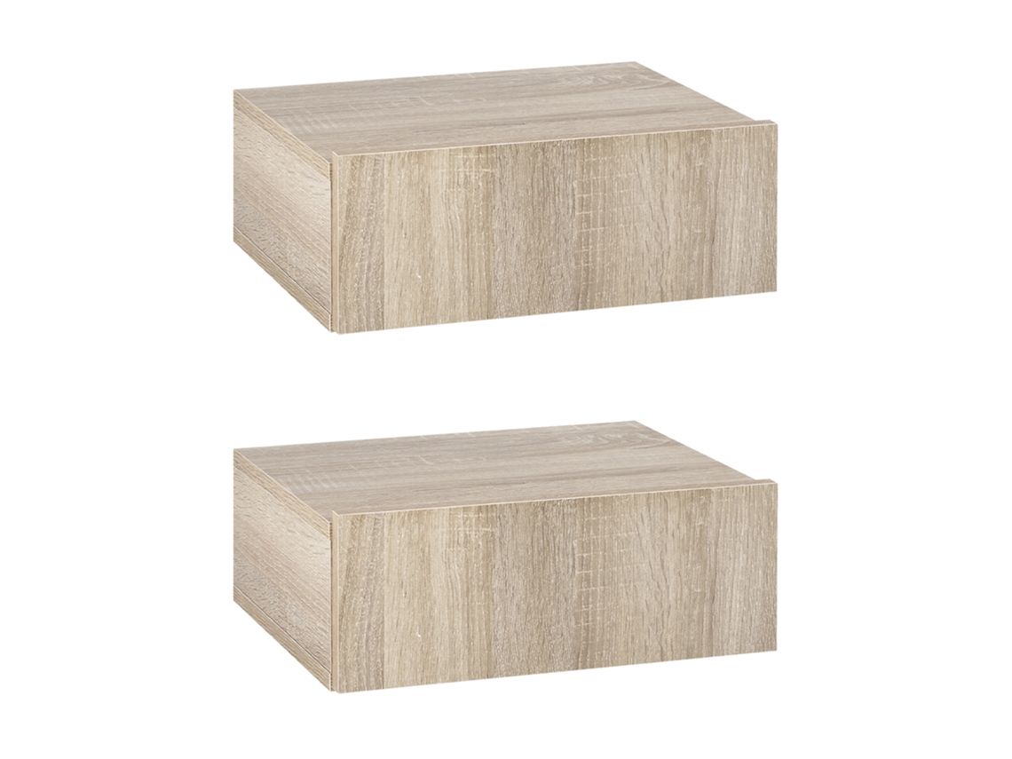 Mesitas de noche de pared de 2 piezas con cajón, acabado en roble.