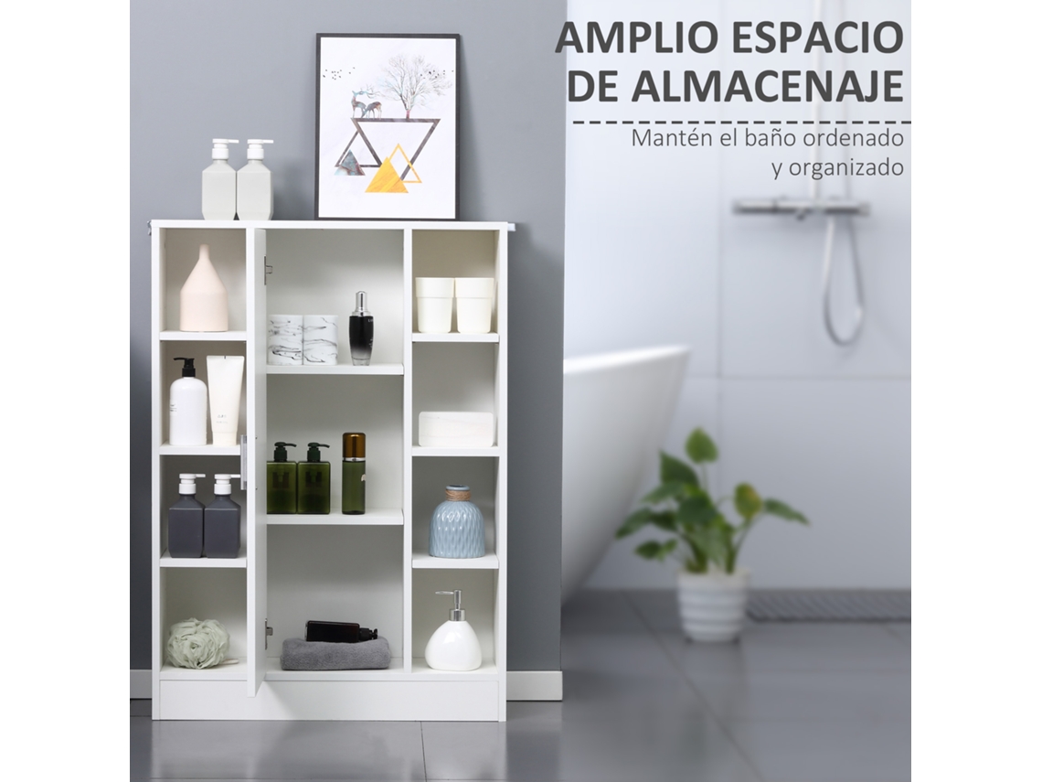 VPMKP - Kleankin armario de baño de madera con 8 estantes abiertos y 1 puerta, estantes ajustables multiusos para cocina/salón, 71x22x100 cm, blanco
