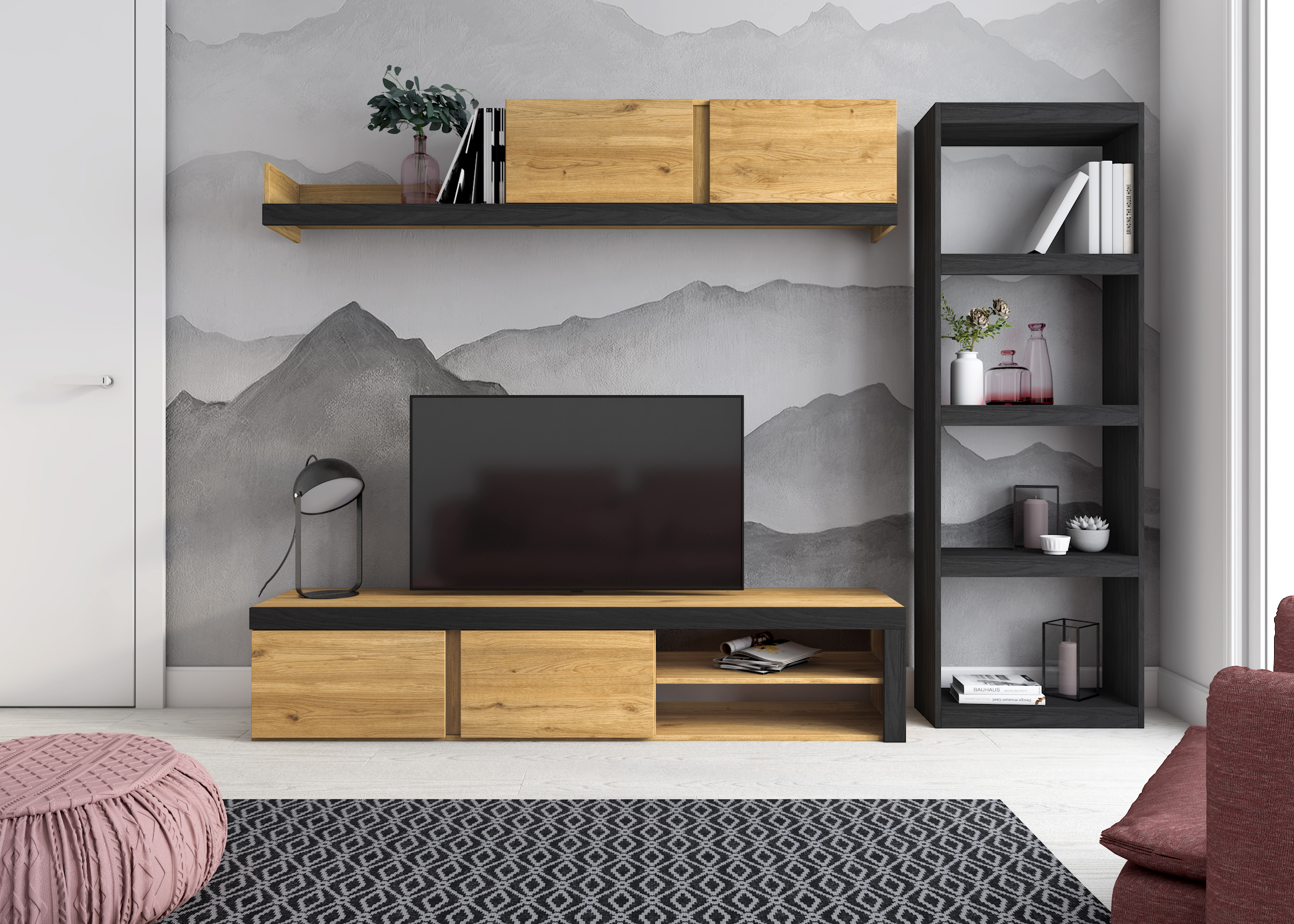 Juego De Muebles skraut home 200 40 180 melamina conjunto modular idem y estantería totem tv color roblenegro 200x40x180cm 60x25x181cm