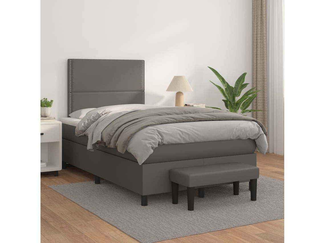 Cama Box Spring Con Colchón Cuero Sintético Gris 120x200 Cm
