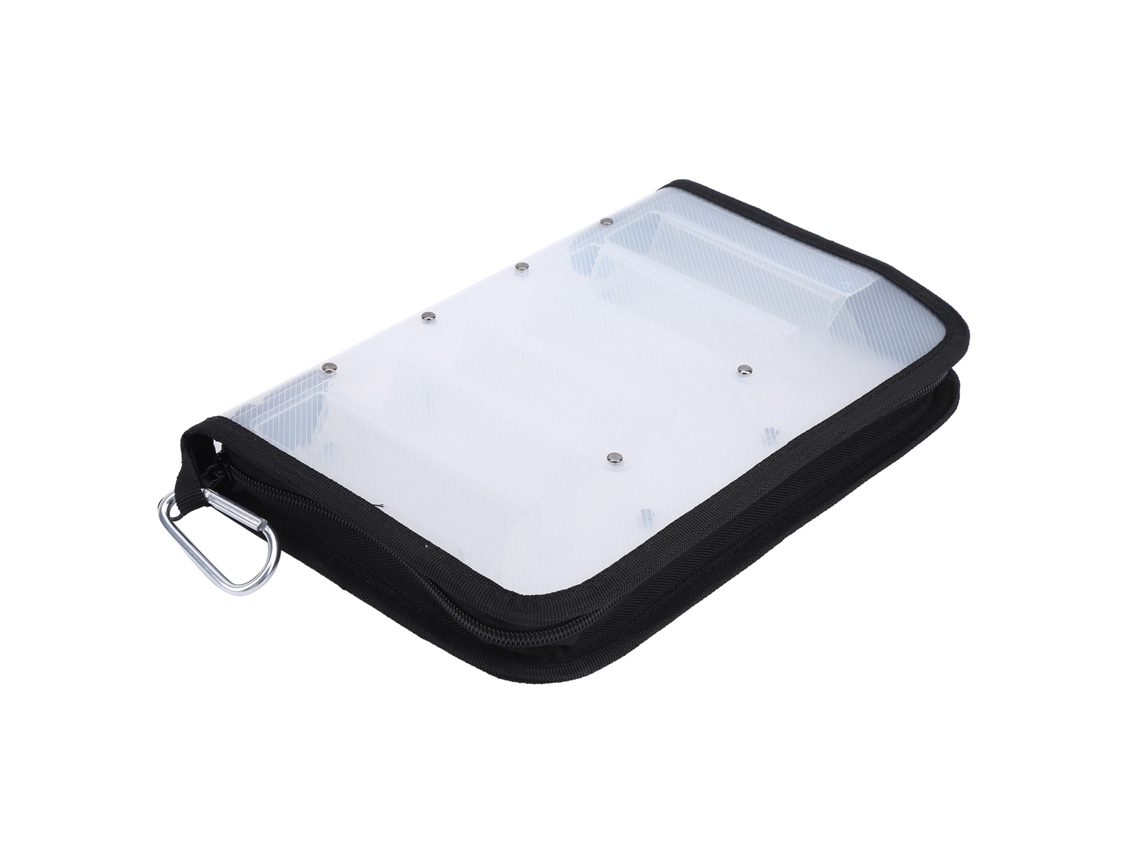 Bolsa transparente portátil para cebo con 12 compartimentos.