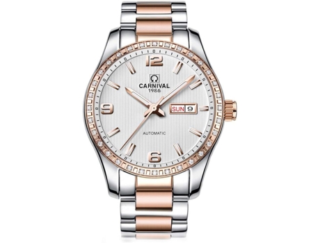 VEANXIN Reloj mecánico de dos tonos de acero inoxidable resistente al agua con cuerda automática para hombre-oro rosa blanco