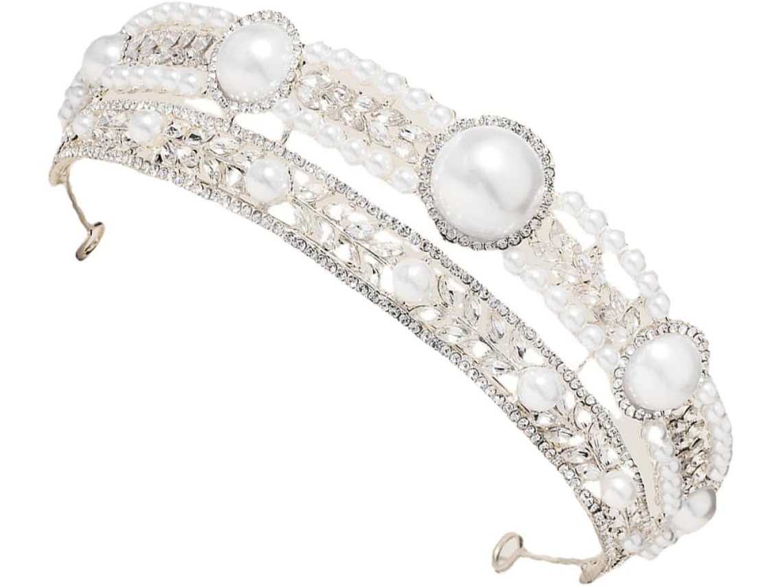 Coroa De Casamento Prateada Com Pérolas E Strass