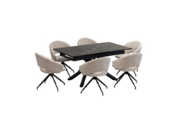 Conjunto De Mesa De Comedor Extensible Y 6 Sillas Taylor Jane - Mesa En Melamina Negro Mármol 200-160 X 90 Cm Con Sillas En Tejido Beige - Mog Casa