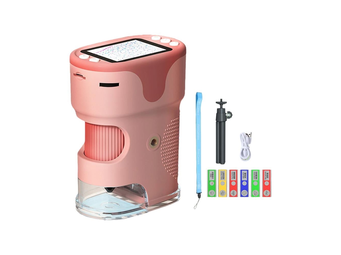 Microscopio digital portátil con lupa, microscopio infantil de 1000x con luz LED y tarjeta de memoria de 32 g (rosa)