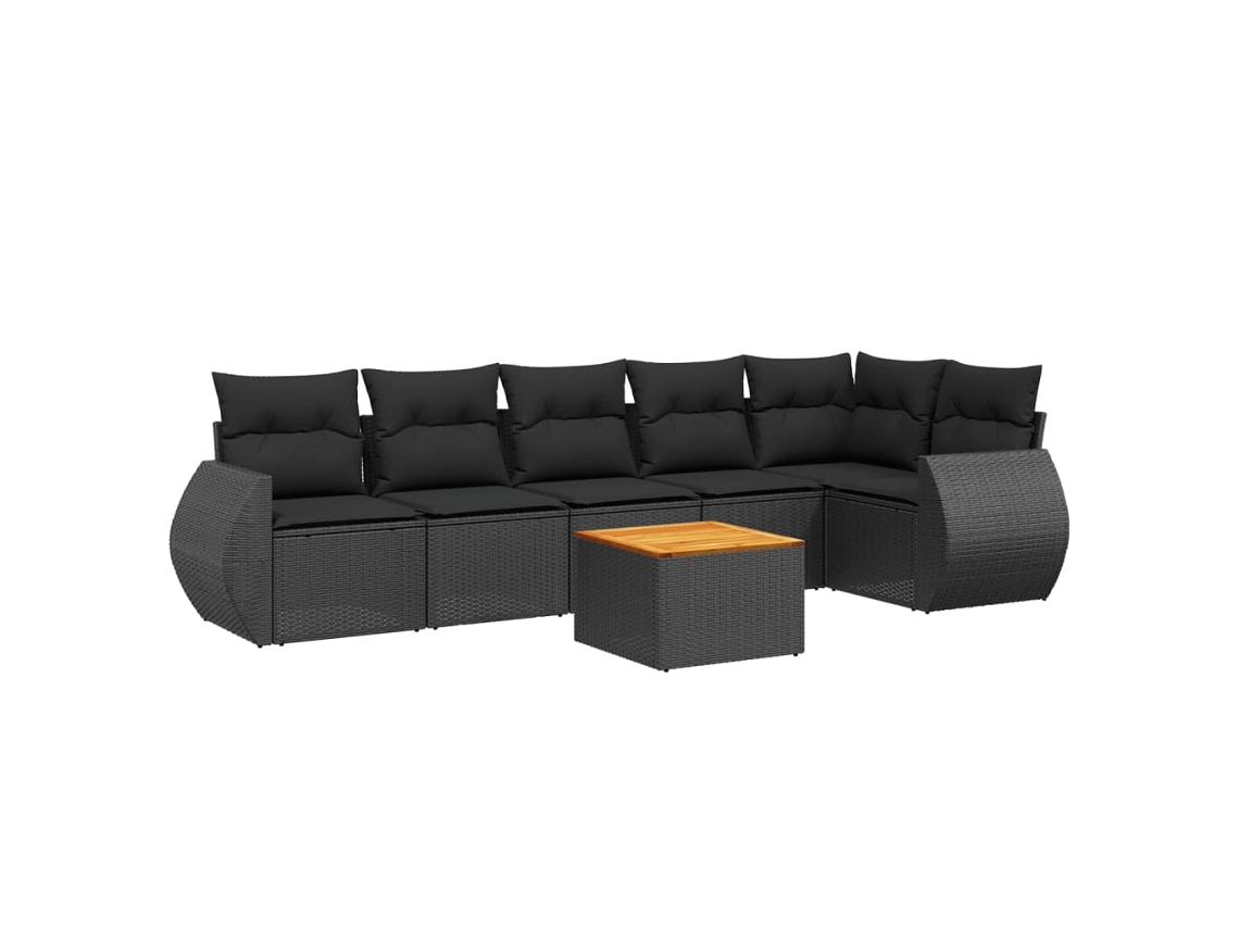 Conjunto de sofá de jardín de 7 piezas con cojines de mimbre, negro, EXCLUSIVO DE LA CASA