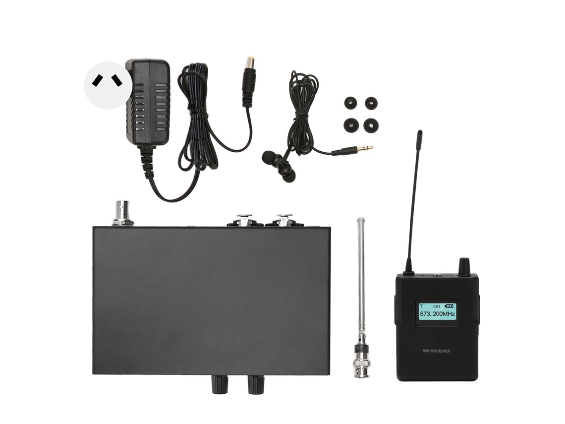 Sistema de monitoreo inalámbrico UHF con transmisor, receptor y auriculares