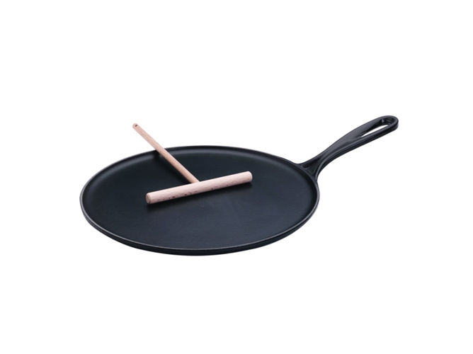 Crepera De Hierro colado 27 cm le creuset fundido inclu. rastrillo madera ø redonda apto para todas las fuentes calor negro 27cm