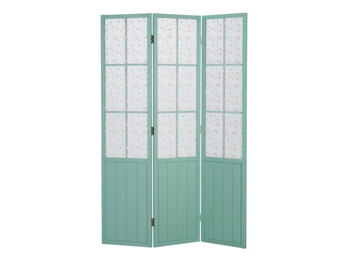 Biombo de 3 paneles en madera turquesa y tela floral, 170x120 cm, Par06091