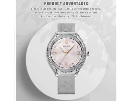 Relojes Inteligentes para Mujeres (Responder/Hacer Llamada) para Teléfonos Android iOS 1.28 AMOLED Pantalla Táctil Completa Bling, Smartwatch para ...