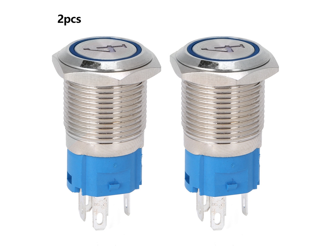2 Interruptores Pulsadores De 5 Pines Con Reinicio Automático, Luz Azul De 24 V Cc, Acero Inoxidable, 16 Mm