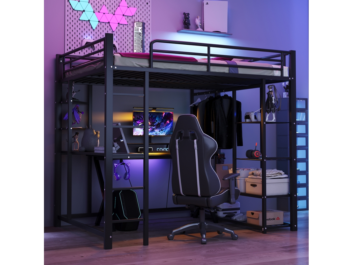 Cama Alta Metálica Com Escada 140*200 Cm, Cama De Casal Júnior Com Mesa, Cabides Simples E Compartimentos De Armazenamento, Preta