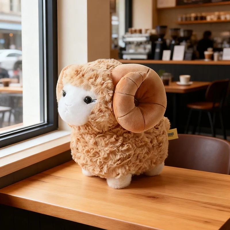 (marrón, 18-22 Cm) Peluche De Oveja Tierno Y Adorable, Suave Y Esponjoso, Muñeco De Oveja Con Grandes Cuernos.