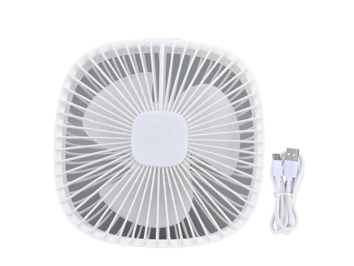 Ventilador USB portátil, 4 velocidades, 3 niveles de brillo, blanco con gancho.