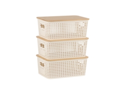 Relaxdays Cajas Almacenamiento, Set 3, Con Tapa, Plástico Y Bambú, Asas, Hbt: 10,5 X 25,5 X 18 Cm, Organizador, Blanco
