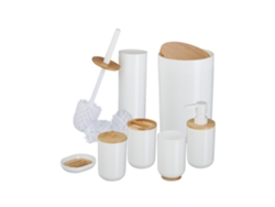 Relaxdays Set Accesorios Baño, Juego Completo Utensilios 7 Piezas, Conjunto Wc, Plástico Y Bambú, Color A Elegir