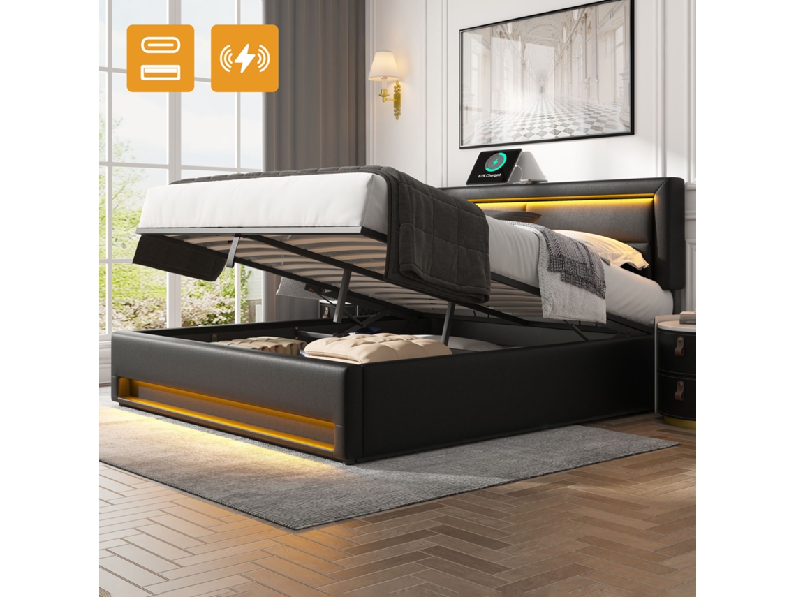 Cama De Poliuretano Negro De 140x190 Cm Con Almacenamiento Led Inalámbrico Usb, Colchón No Incluido.
