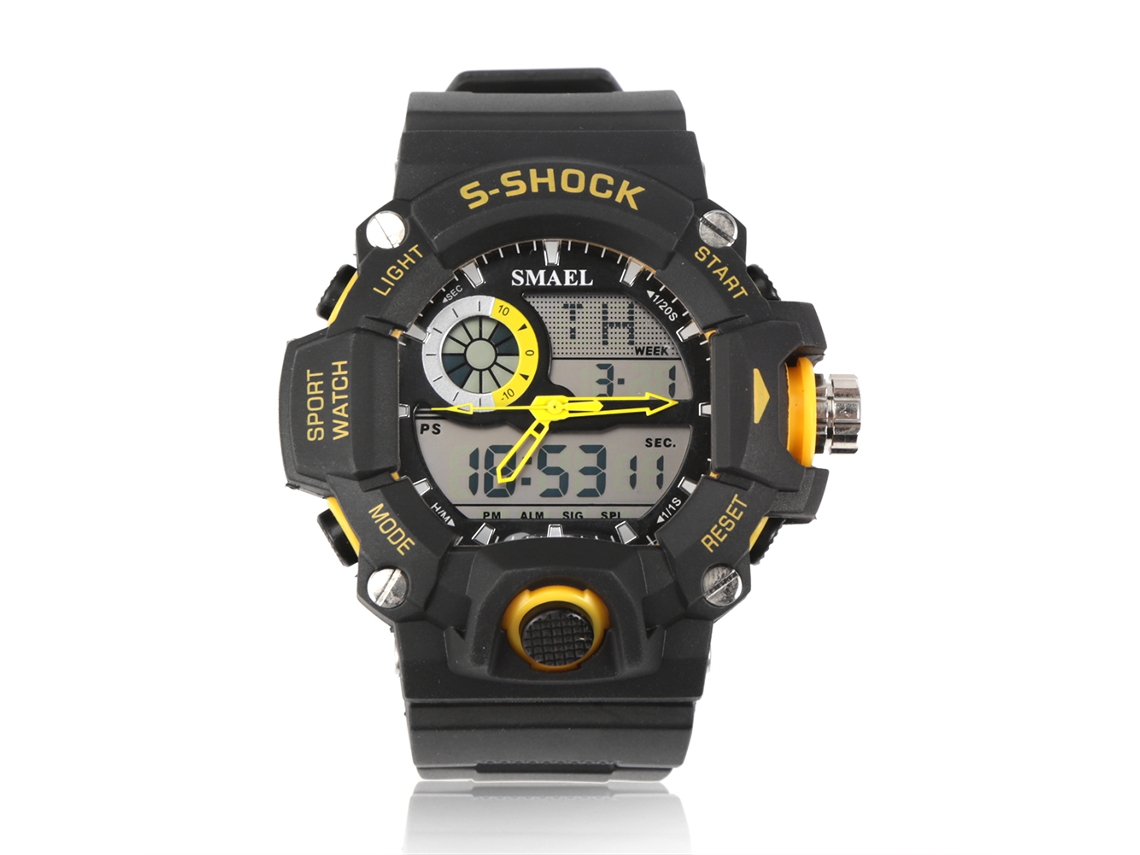 Reloj Deportivo Digital Con Doble Pantalla Led, Redondo, Correa Amarilla, Resistente Al Agua Hasta 50 M.