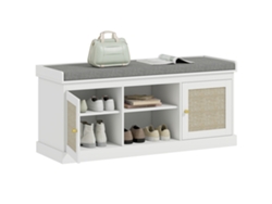 Banco Zapatero De Ratán Con Puertas, 105x35x47 Cm, Blanco.
