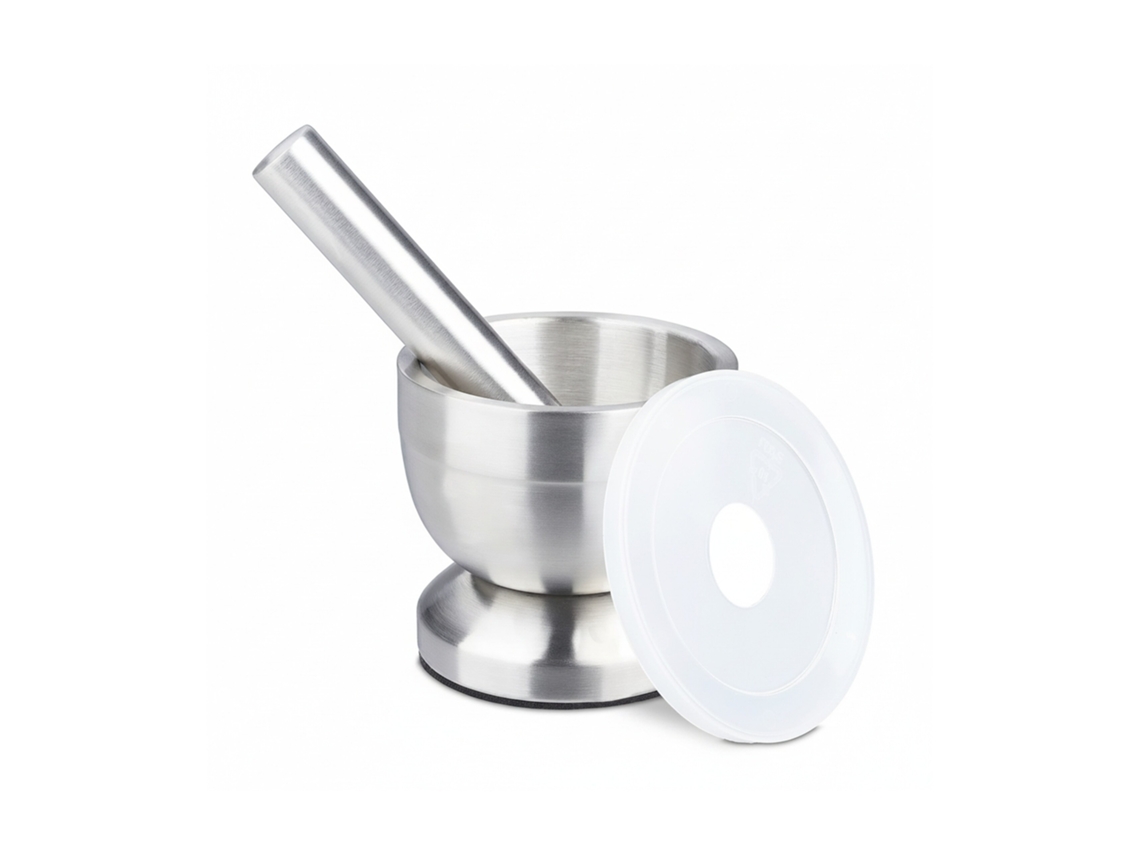 Relaxdays Mortero Cocina Con Maja, Acero Inoxidable, Tapa, Especias, Base Antideslizante, Diámetro 10 Cm, 200 Ml, Gris