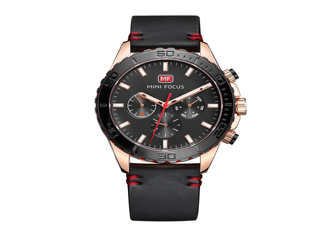 Reloj De Pulsera Redondo De Aleación Con Correa De Cuero Y Movimiento De Cuarzo (negro Y Oro Rosa).