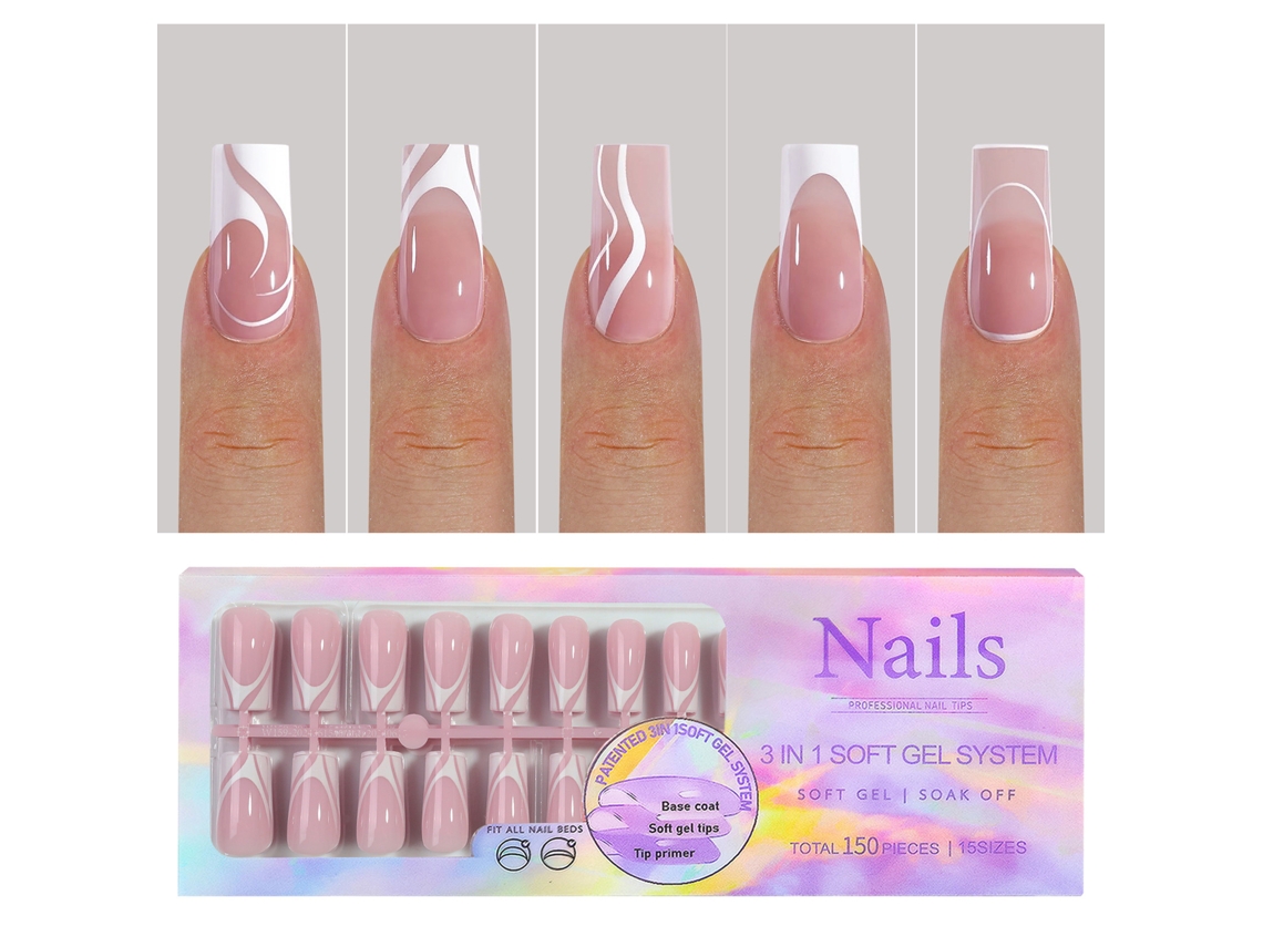 Uñas Postizas De Gel Suave Color Nude, 15 Tamaños, 150 Unidades Con Base Y Prebase Preaplicadas.