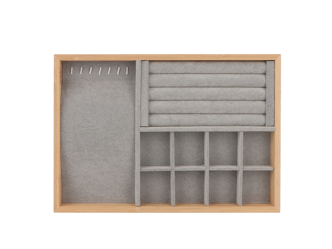 Organizador de cajón para joyas, estante triple para anillos, pendientes y pulseras, gris